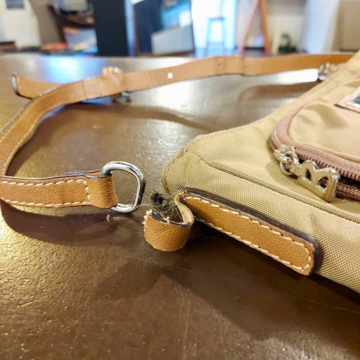 BOGNER（ボグナー）バッグ根革作成＆ショルダーベルト革あて補強縫い | バッグ修理